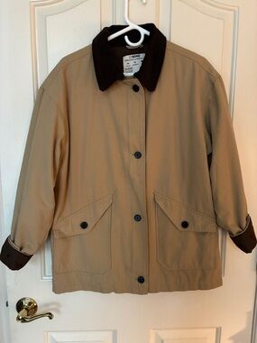 Women's Tan Barn Jacket with Dark Brown Corduroy Collar ONLY WORN ONCE